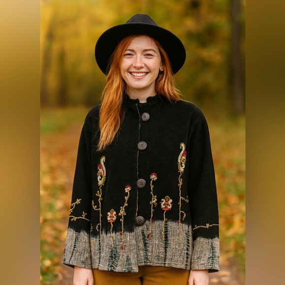 Flashback Embroidered Jacket Sz M Ombre Floral Cottage Vintage Art To Wear Boho - Picture 16 of 16